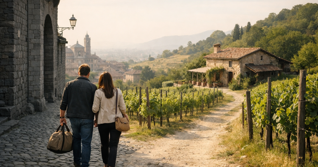Couple arriving at a quiet hillside vineyard for a private wine tasting near Bergamo