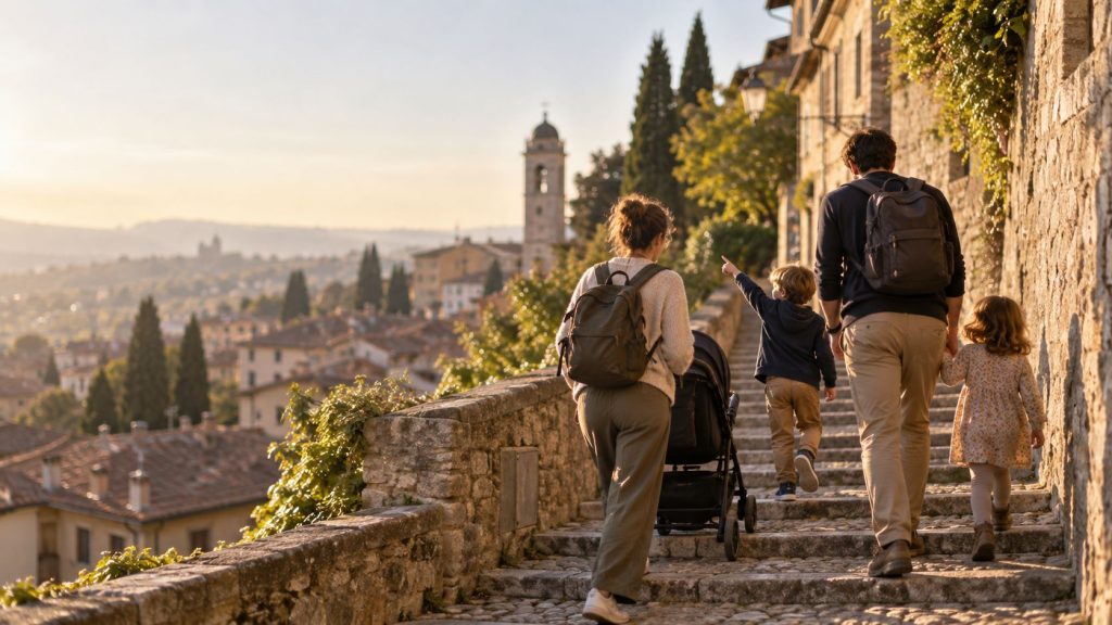 Familie mit Kindern wartet auf die Seilbahn nach Città Alta in Bergamo